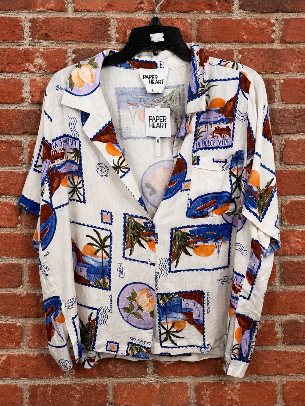Paper Heart Button Up Shirt Womens L Multicolor Oversized Resort Vacation